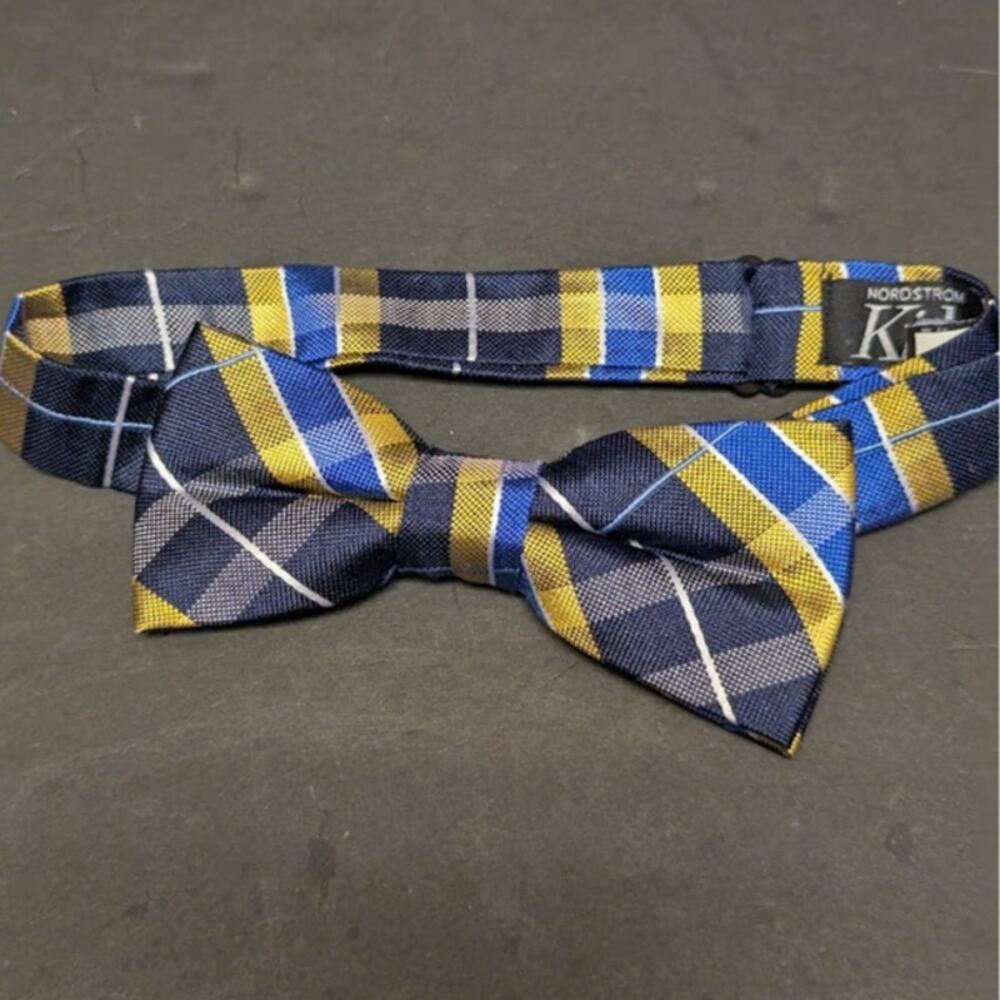 Nordstrom KIDS silk bow tie adjustable plaid blue gold NEW